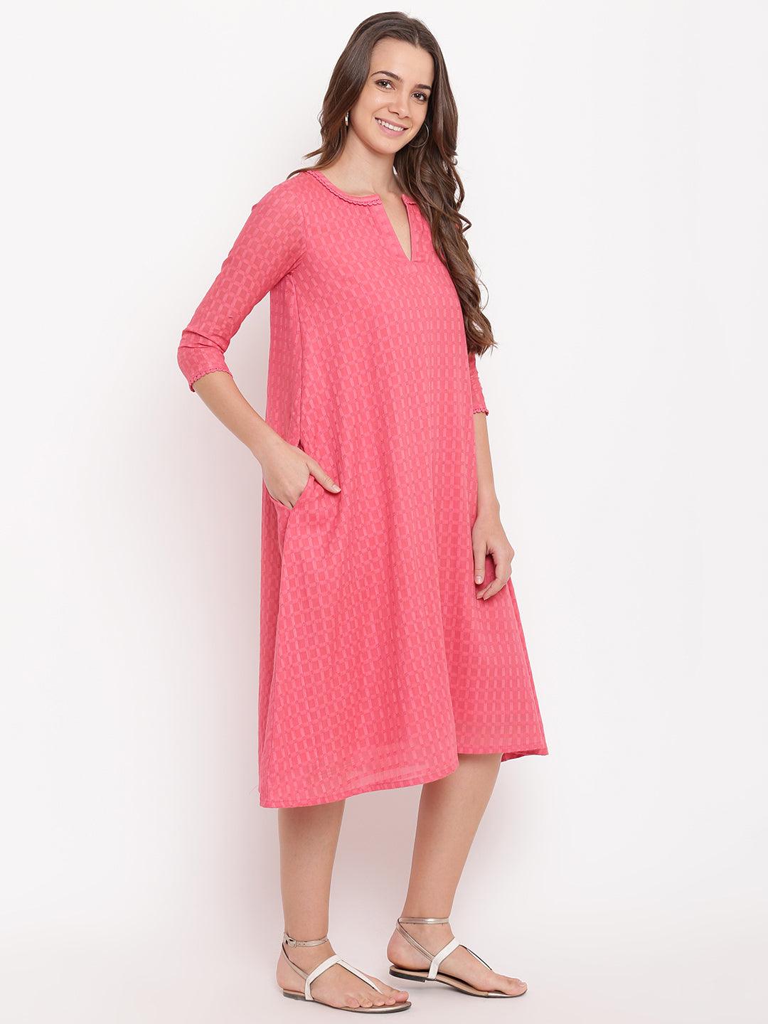 trueBrowns Brick Pink Dobby Grid Flared Dress - Distacart