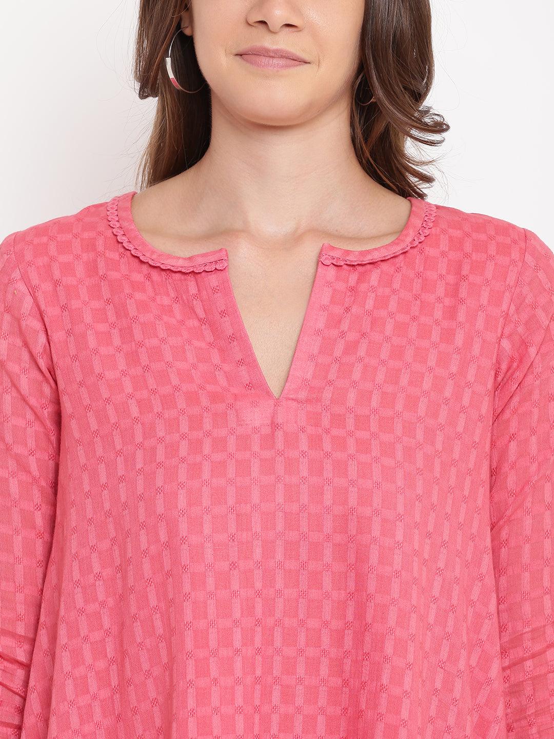 trueBrowns Brick Pink Dobby Grid Flared Dress - Distacart
