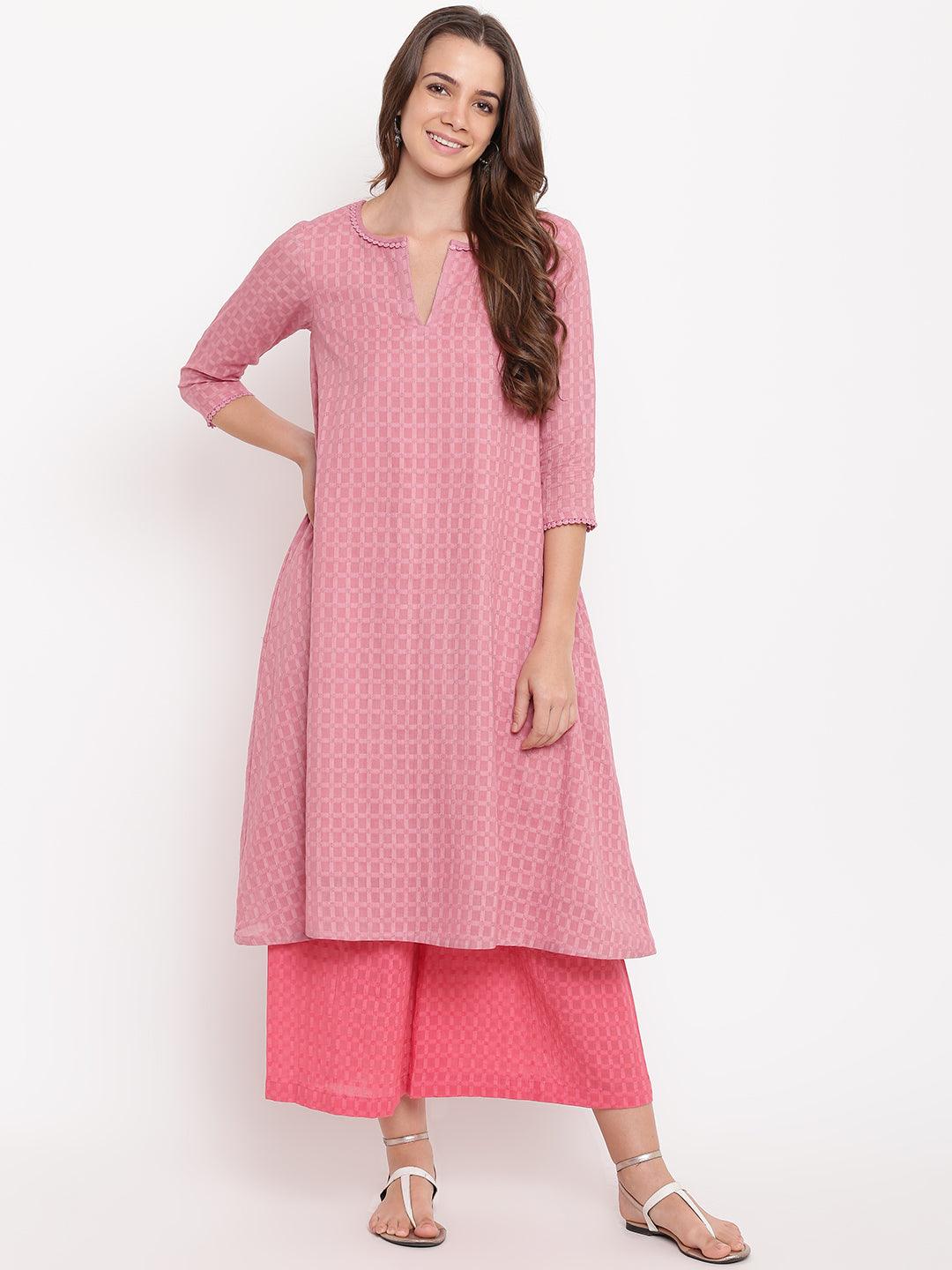 trueBrowns Pink Grid Dobby Kurta-Contrast Palazzo - Distacart