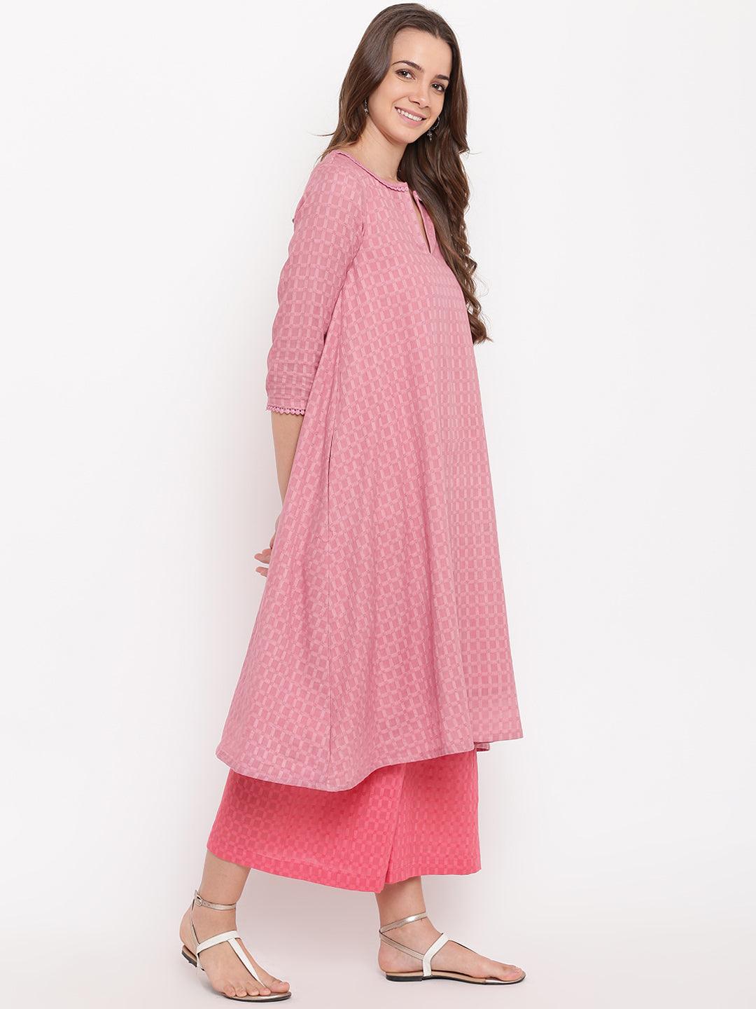 trueBrowns Pink Grid Dobby Kurta-Contrast Palazzo - Distacart