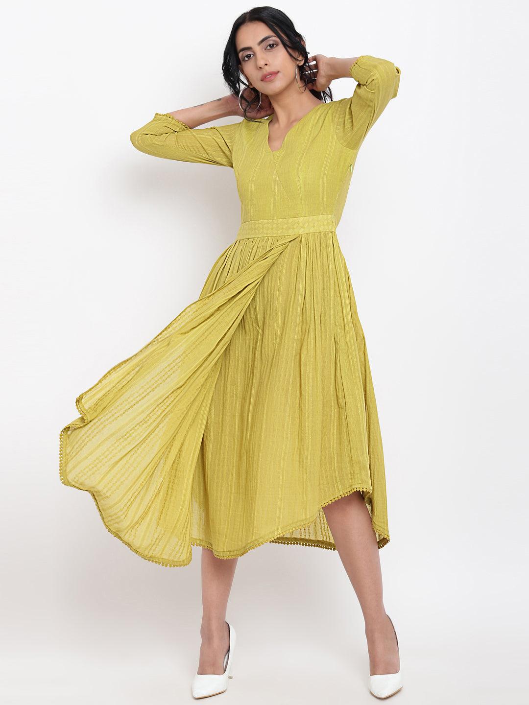 trueBrowns Green Cotton Overlap Flare Dress - Distacart