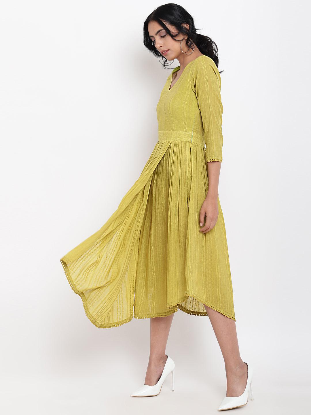 trueBrowns Cotton Overlap Flare Dress - Green - Distacart