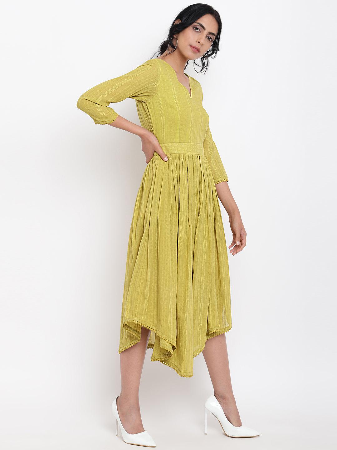 trueBrowns Green Cotton Overlap Flare Dress - Distacart