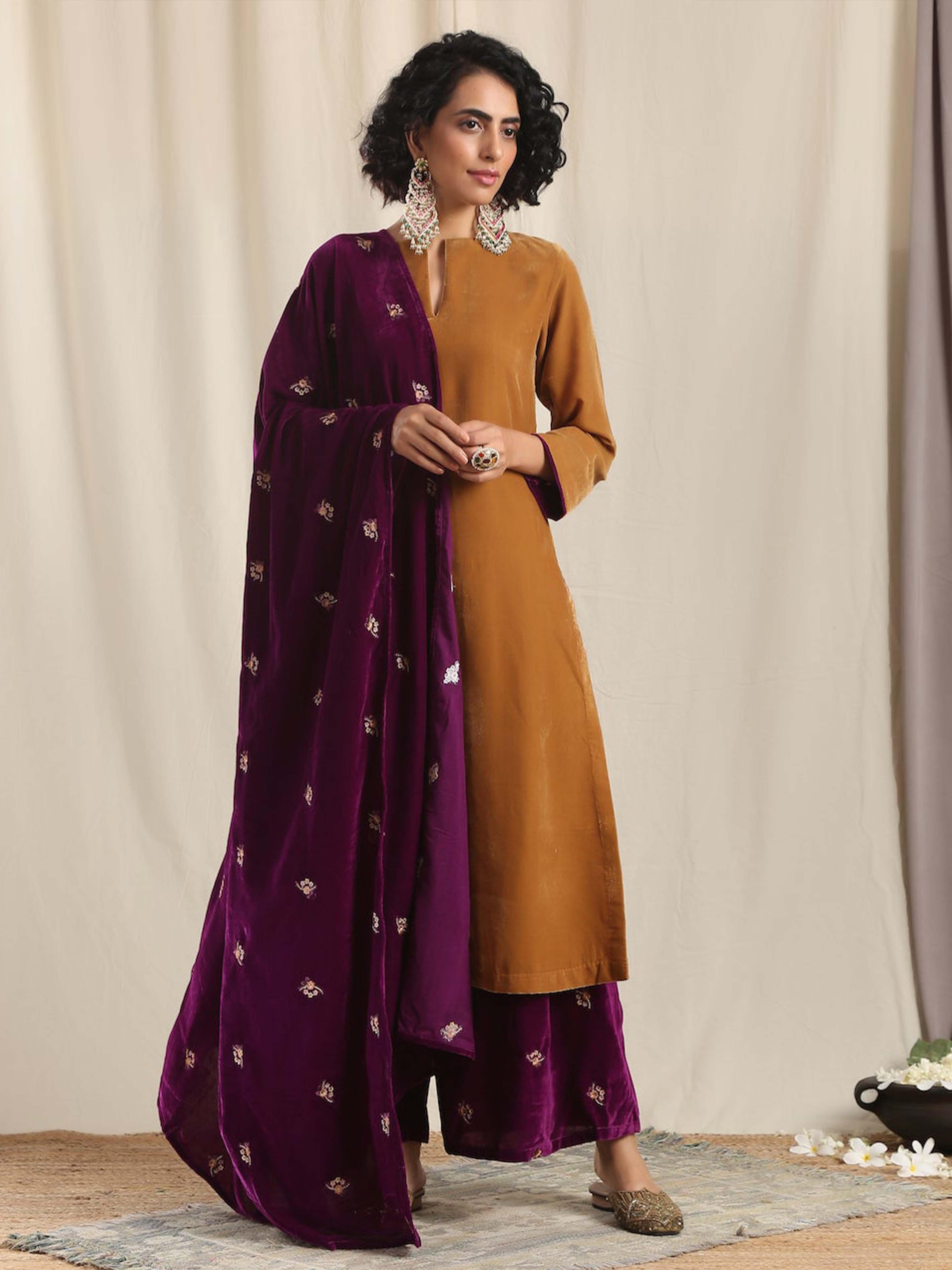 trueBrowns Wine Velvet Embroidered Shawl - Distacart