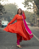Thumbnail for trueBrowns Orange Crinkle Anarkali Kurta Pant Dupatta Set - Distacart