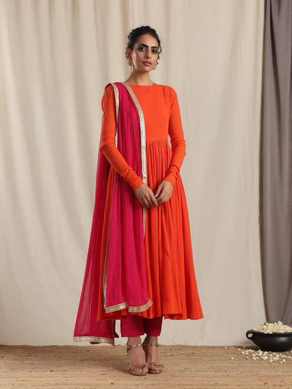 trueBrowns Orange Crinkle Anarkali Kurta Pant Dupatta Set - Distacart