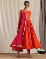 Thumbnail for trueBrowns Orange Crinkle Anarkali Kurta Pant Dupatta Set - Distacart