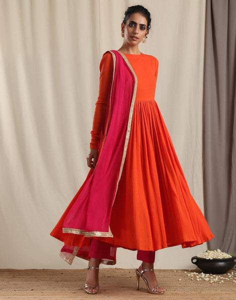 trueBrowns Orange Crinkle Anarkali Kurta Pant Dupatta Set - Distacart