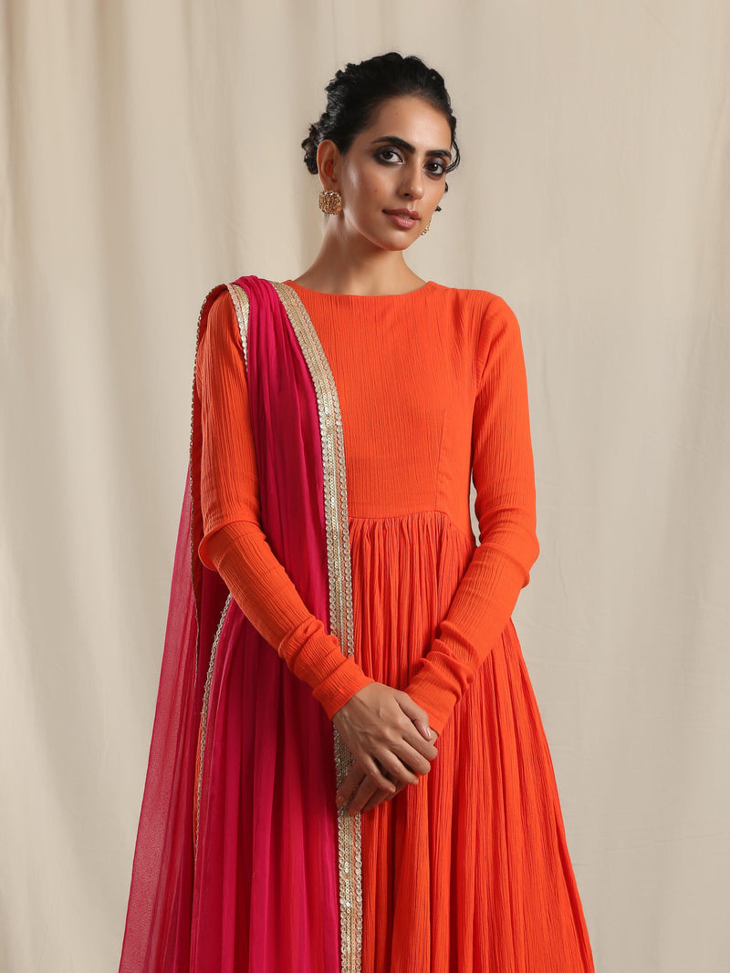 trueBrowns Orange Crinkle Anarkali Kurta Pant Dupatta Set - Distacart