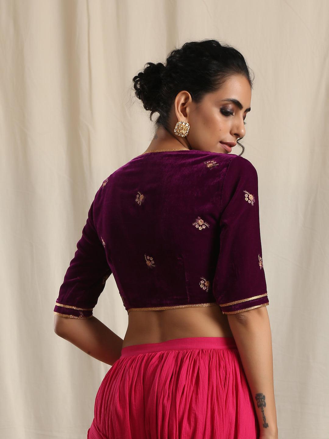 trueBrowns Wine Velvet Embroidered Blouse - Distacart