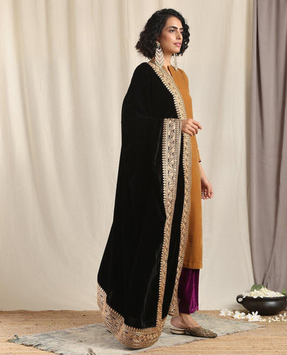 trueBrowns Black Velvet Embroidered Lace Shawl - Distacart