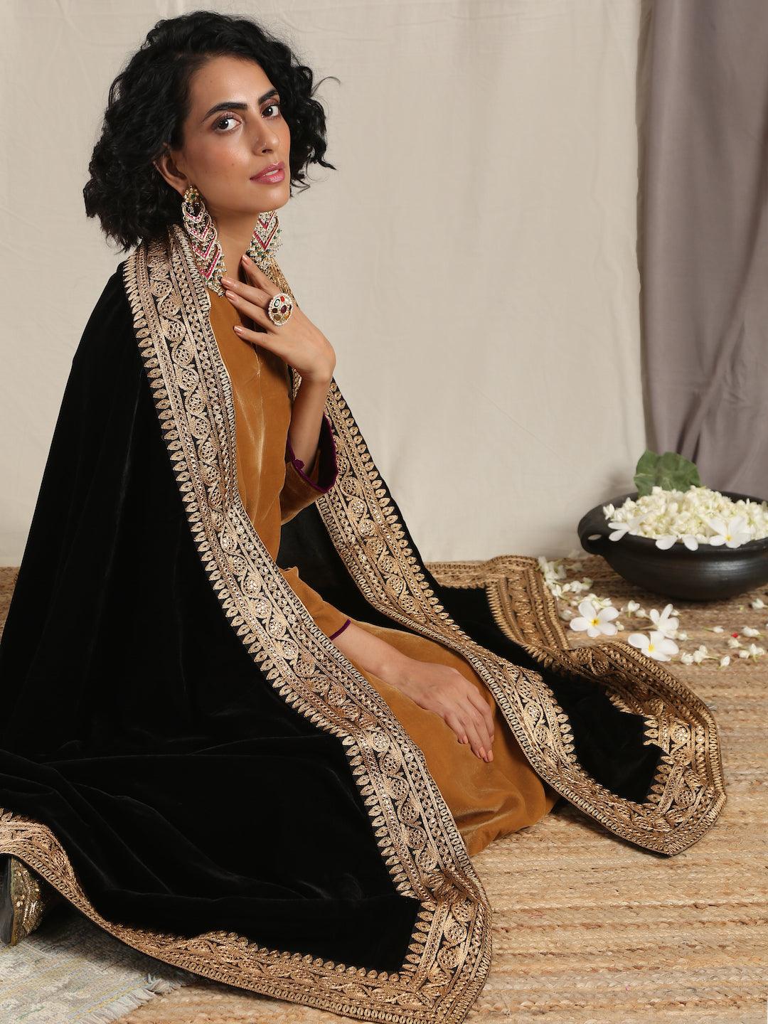 trueBrowns Black Velvet Embroidered Lace Shawl - Distacart