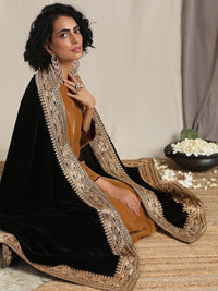 Thumbnail for trueBrowns Black Velvet Embroidered Lace Shawl - Distacart