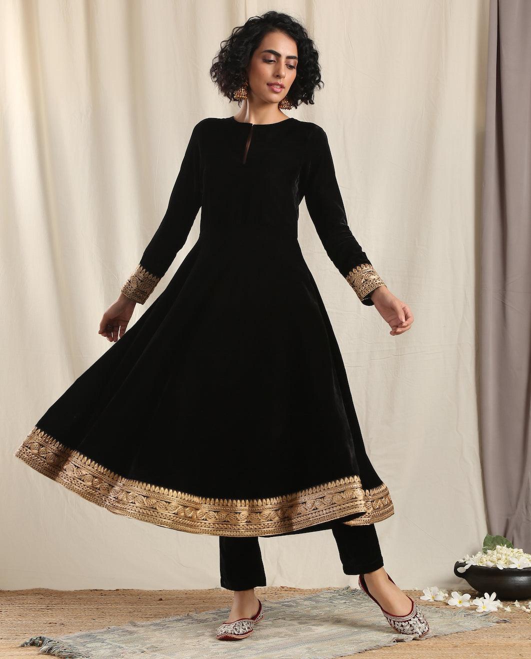 trueBrowns Black Velvet Flared Embroidered Kurta - Distacart