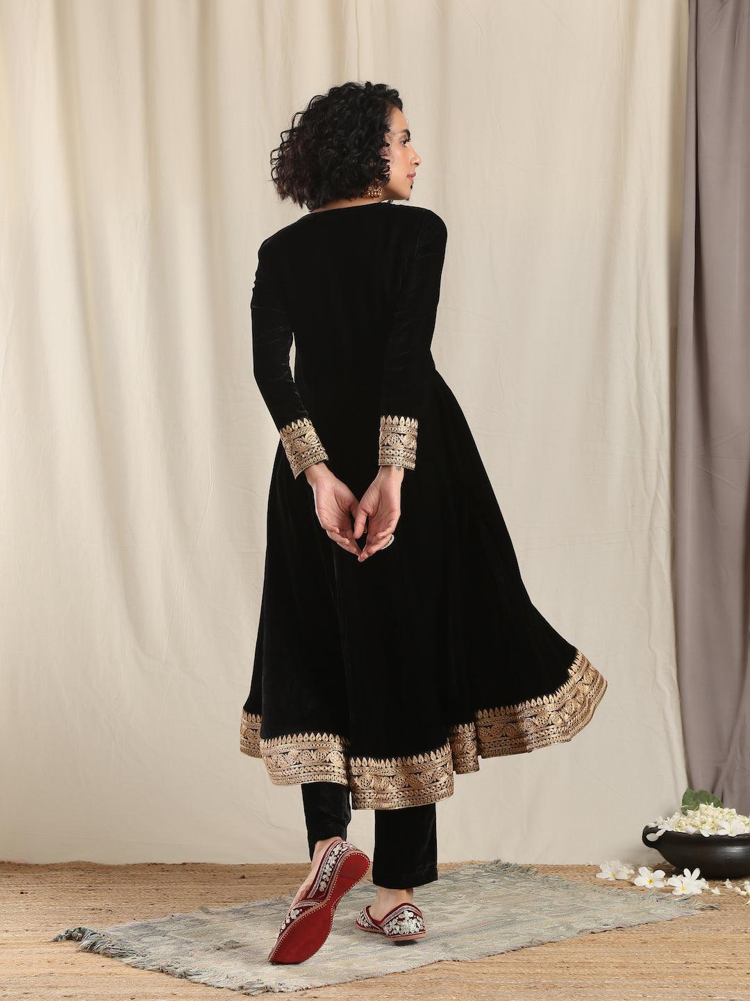 trueBrowns Black Velvet Flared Embroidered Kurta - Distacart