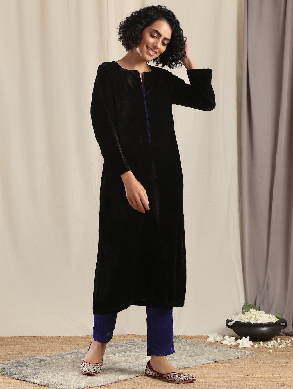 trueBrowns Black Velvet slit Kurta - Distacart