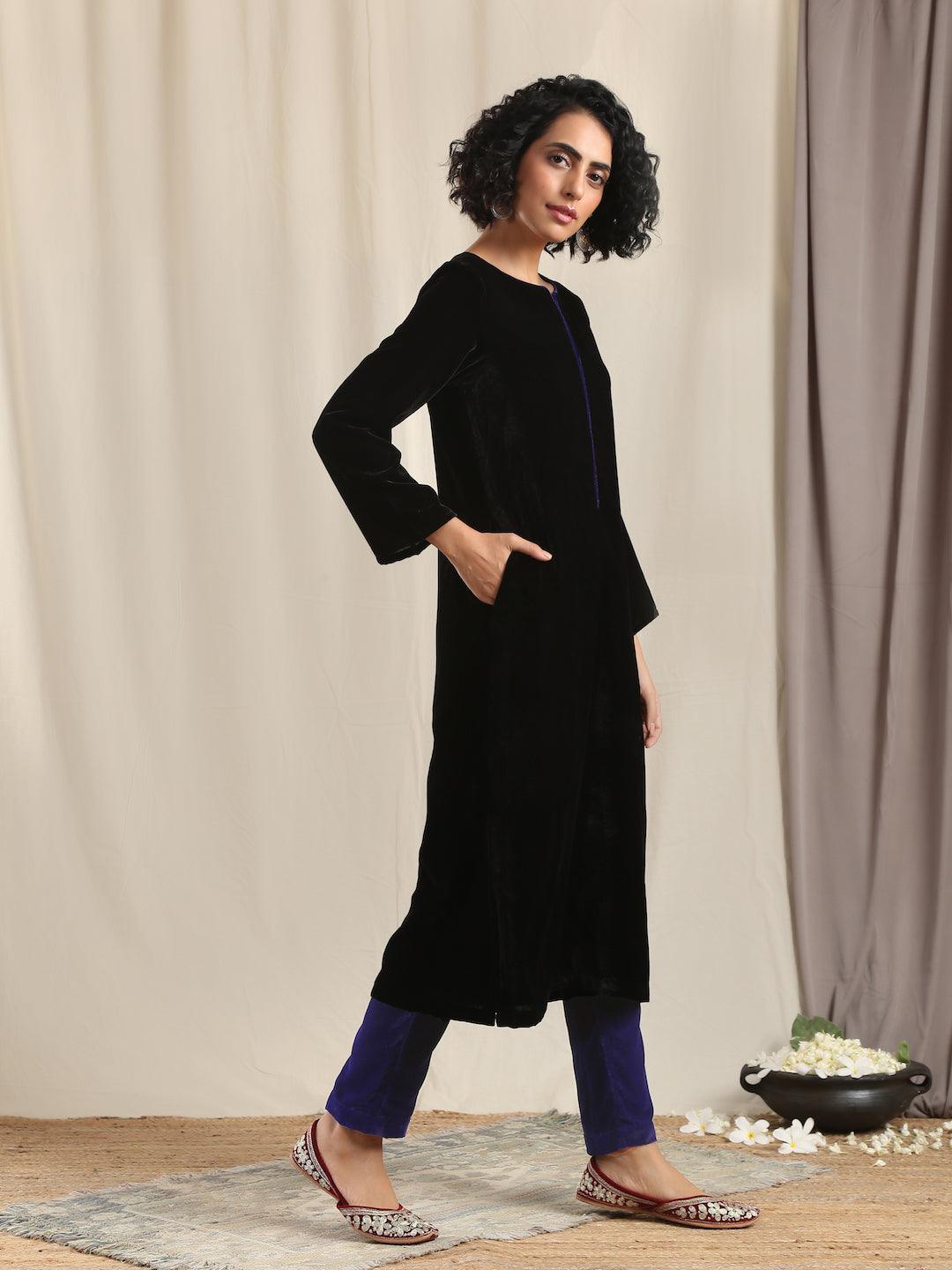 trueBrowns Black Velvet slit Kurta - Distacart