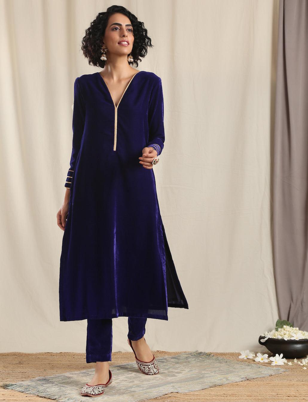 trueBrowns Blue Velvet Gota Kurta - Distacart