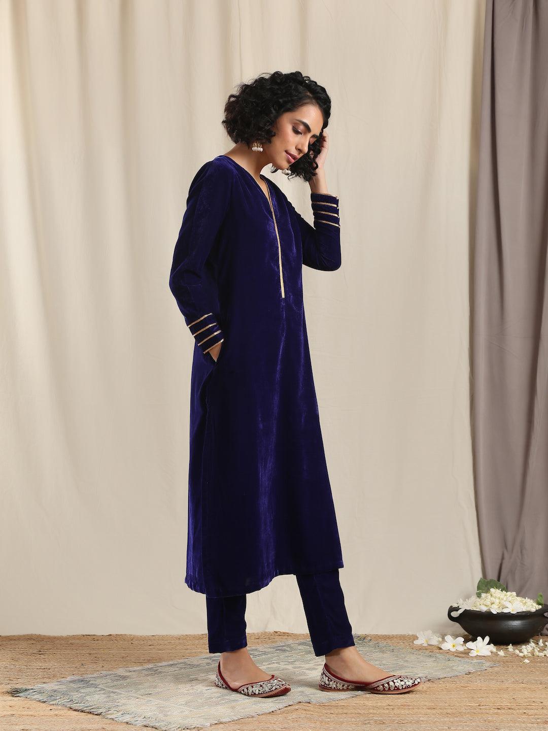 trueBrowns Blue Velvet Gota Kurta - Distacart