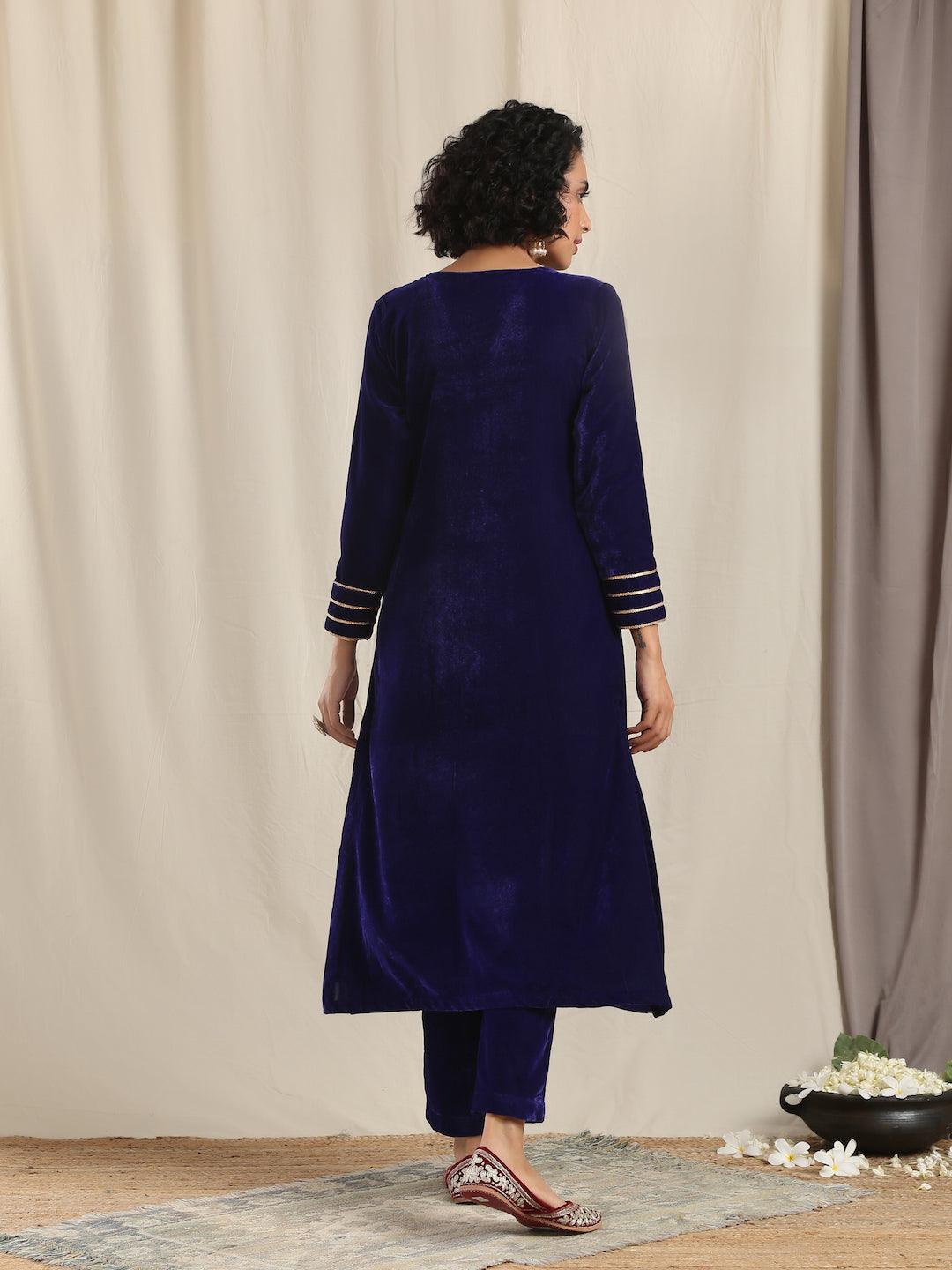 trueBrowns Blue Velvet Gota Kurta - Distacart