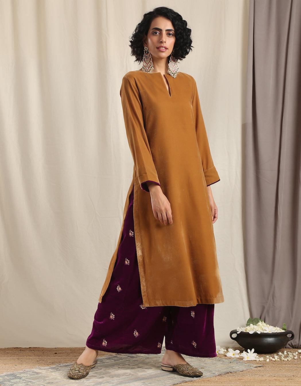 trueBrowns Brown Velvet Slit Kurta - Distacart