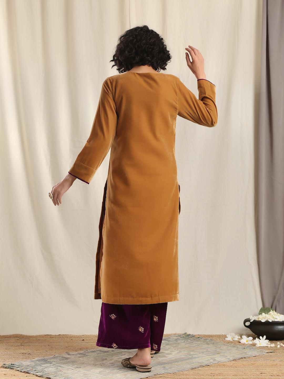 trueBrowns Brown Velvet Slit Kurta - Distacart