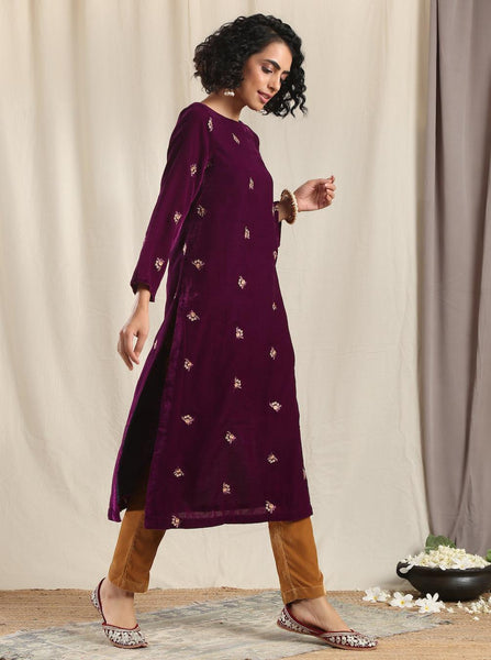 trueBrowns Wine Velvet Embroidered Slit Kurta - Distacart