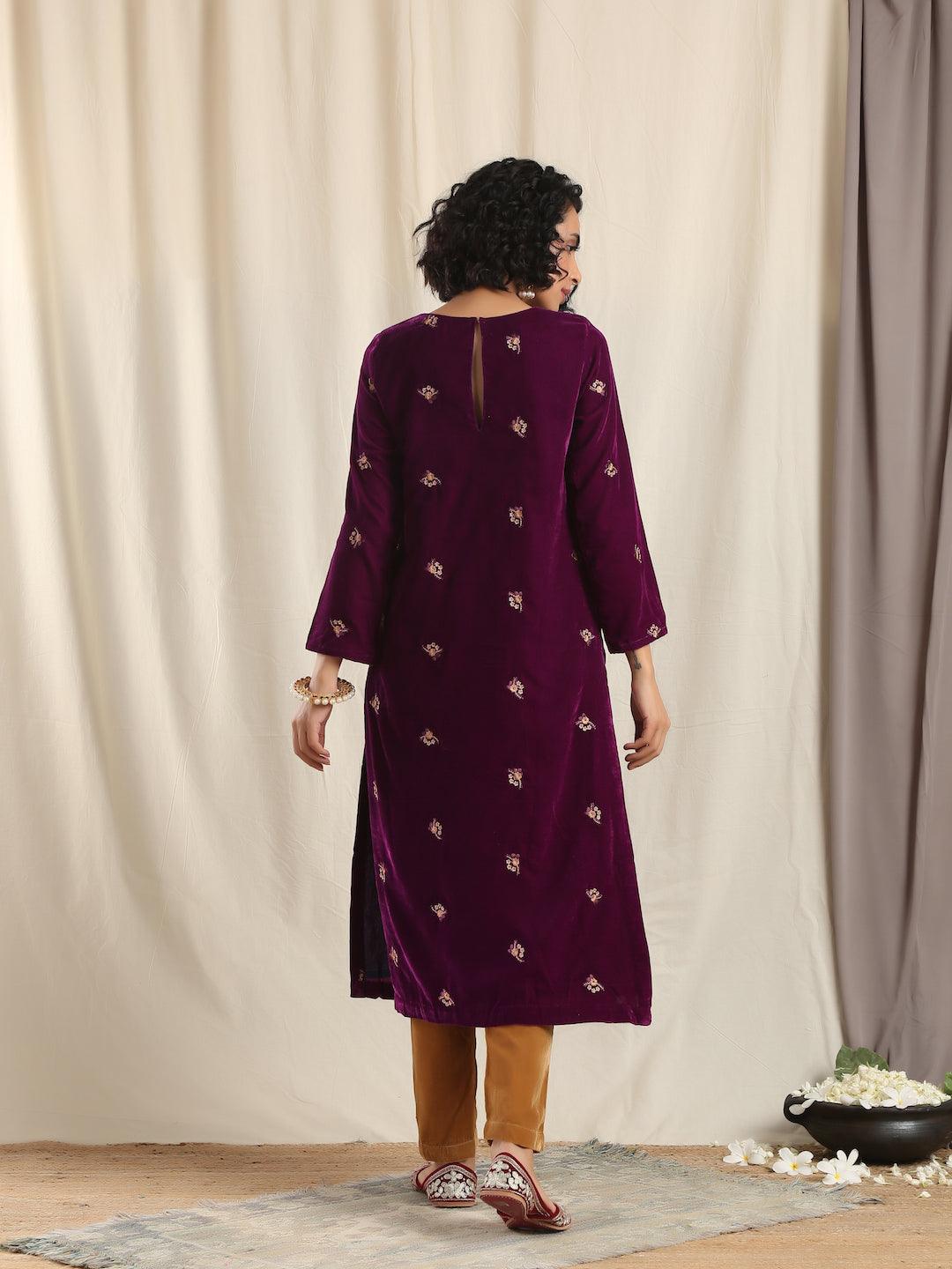 trueBrowns Wine Velvet Embroidered Slit Kurta - Distacart