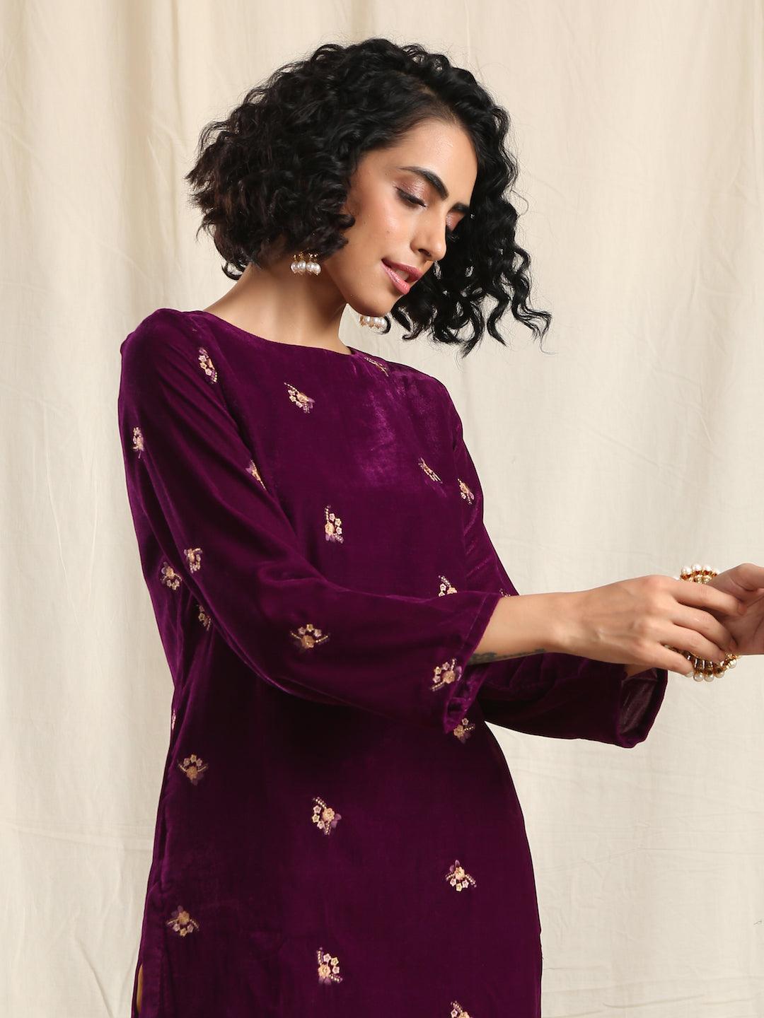 trueBrowns Wine Velvet Embroidered Slit Kurta - Distacart