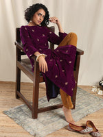 Thumbnail for trueBrowns Wine Velvet Embroidered Slit Kurta - Distacart