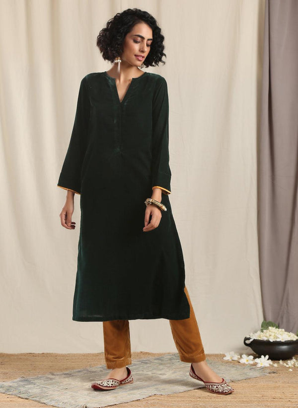 trueBrowns Green Velvet Slit Kurta - Distacart