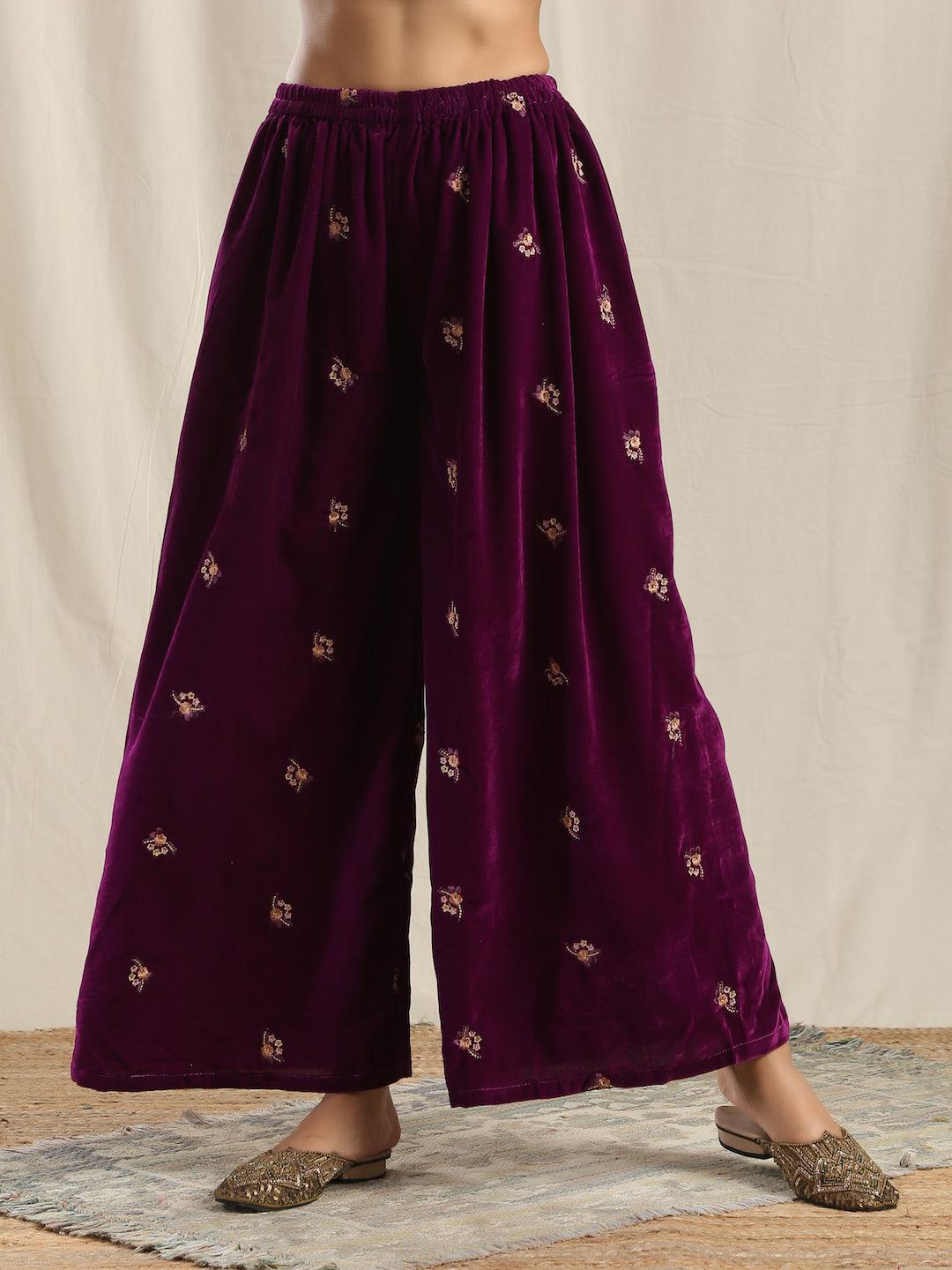 trueBrowns Wine Velvet Embroidered Palazzo - Distacart