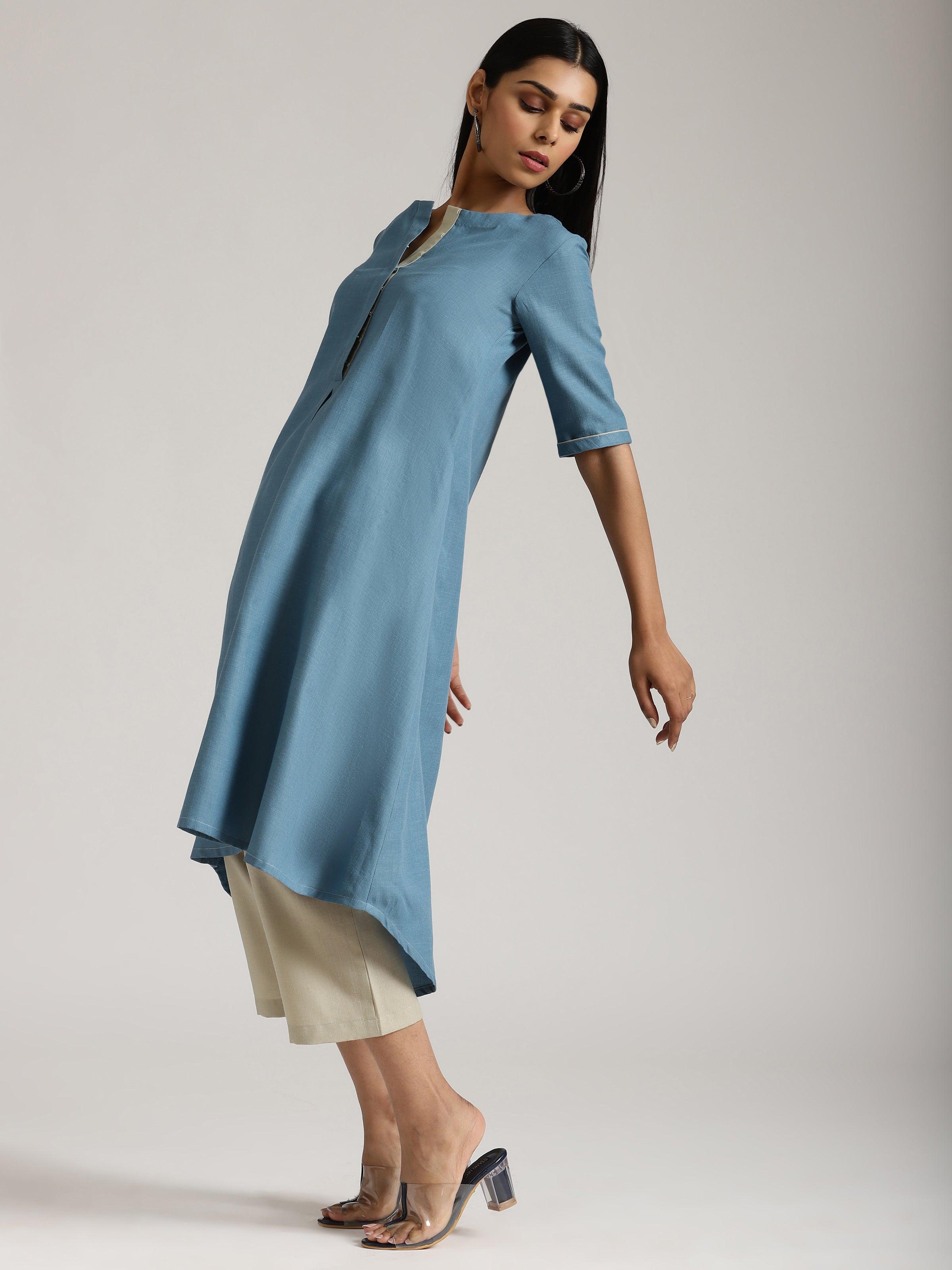 trueBrowns Cotton Linen Steel Blue Kurta Pant Set - Distacart