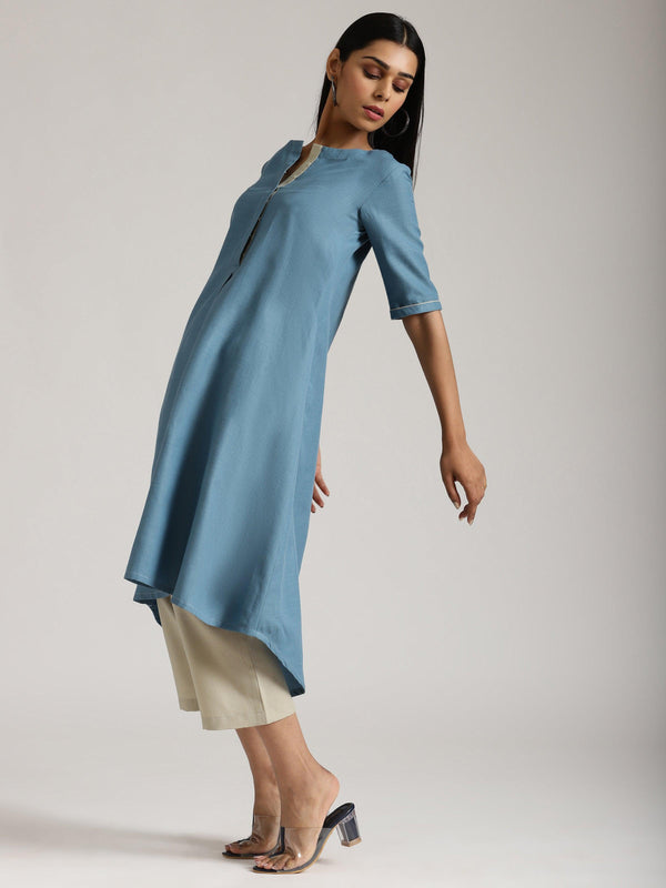trueBrowns Cotton Linen Steel Blue Kurta Pant Set - Distacart