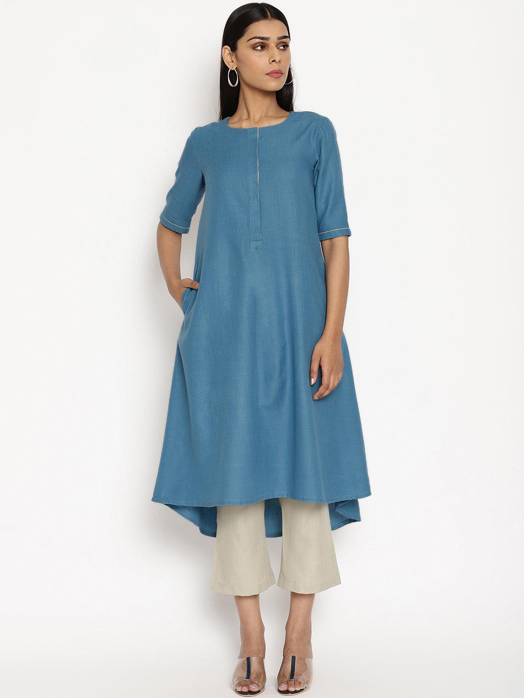 trueBrowns Cotton Linen Steel Blue Kurta Pant Set - Distacart