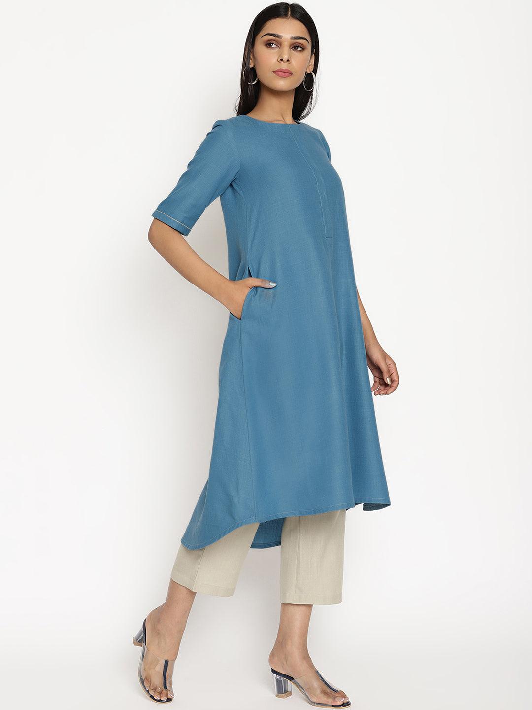 trueBrowns Cotton Linen Steel Blue Kurta Pant Set - Distacart