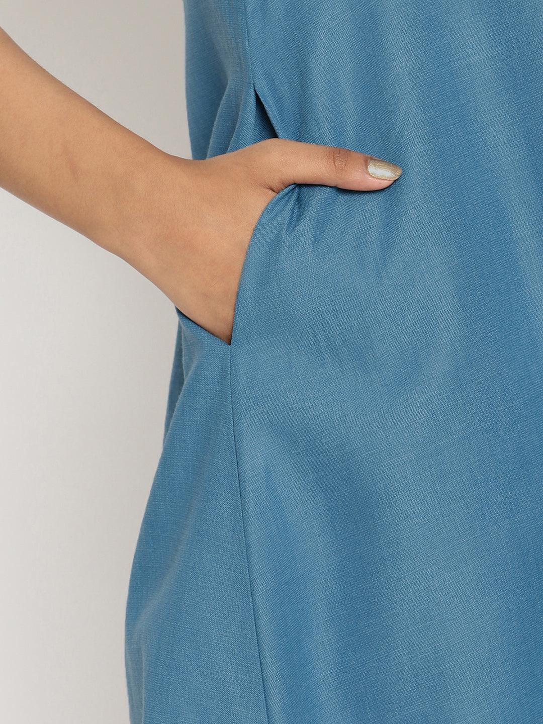 trueBrowns Cotton Linen Steel Blue Kurta Pant Set - Distacart