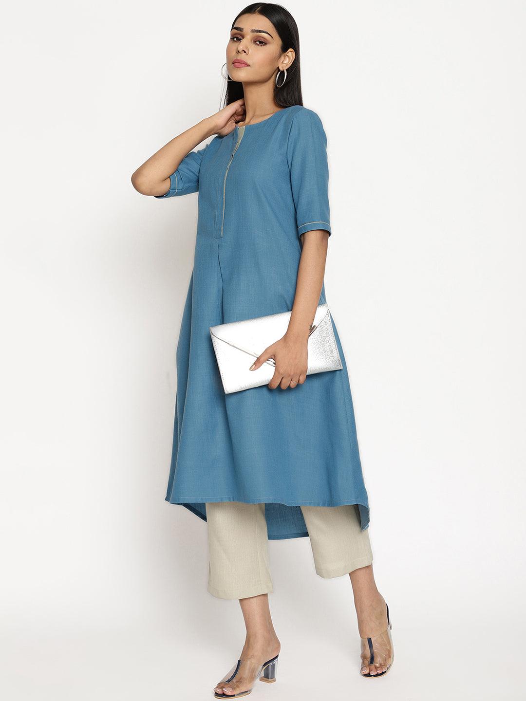 trueBrowns Cotton Linen Steel Blue Kurta Pant Set - Distacart