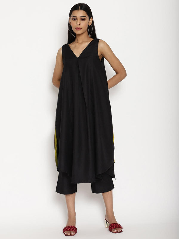 trueBrowns Cotton Linen Black Sleeveless Flared Kurta Pant - Distacart