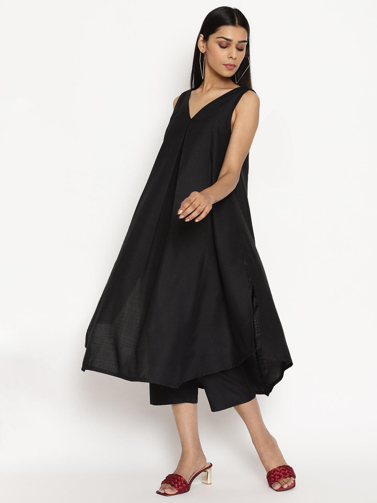 trueBrowns Cotton Linen Black Sleeveless Flared Kurta Pant - Distacart