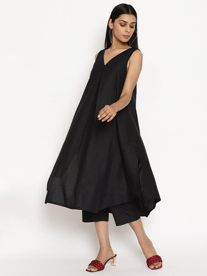 trueBrowns Cotton Linen Black Sleeveless Flared Kurta Pant - Distacart