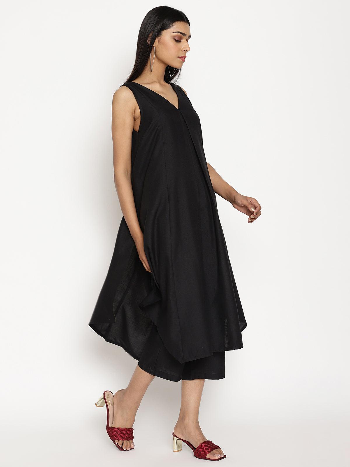 trueBrowns Cotton Linen Black Sleeveless Flared Kurta Pant - Distacart