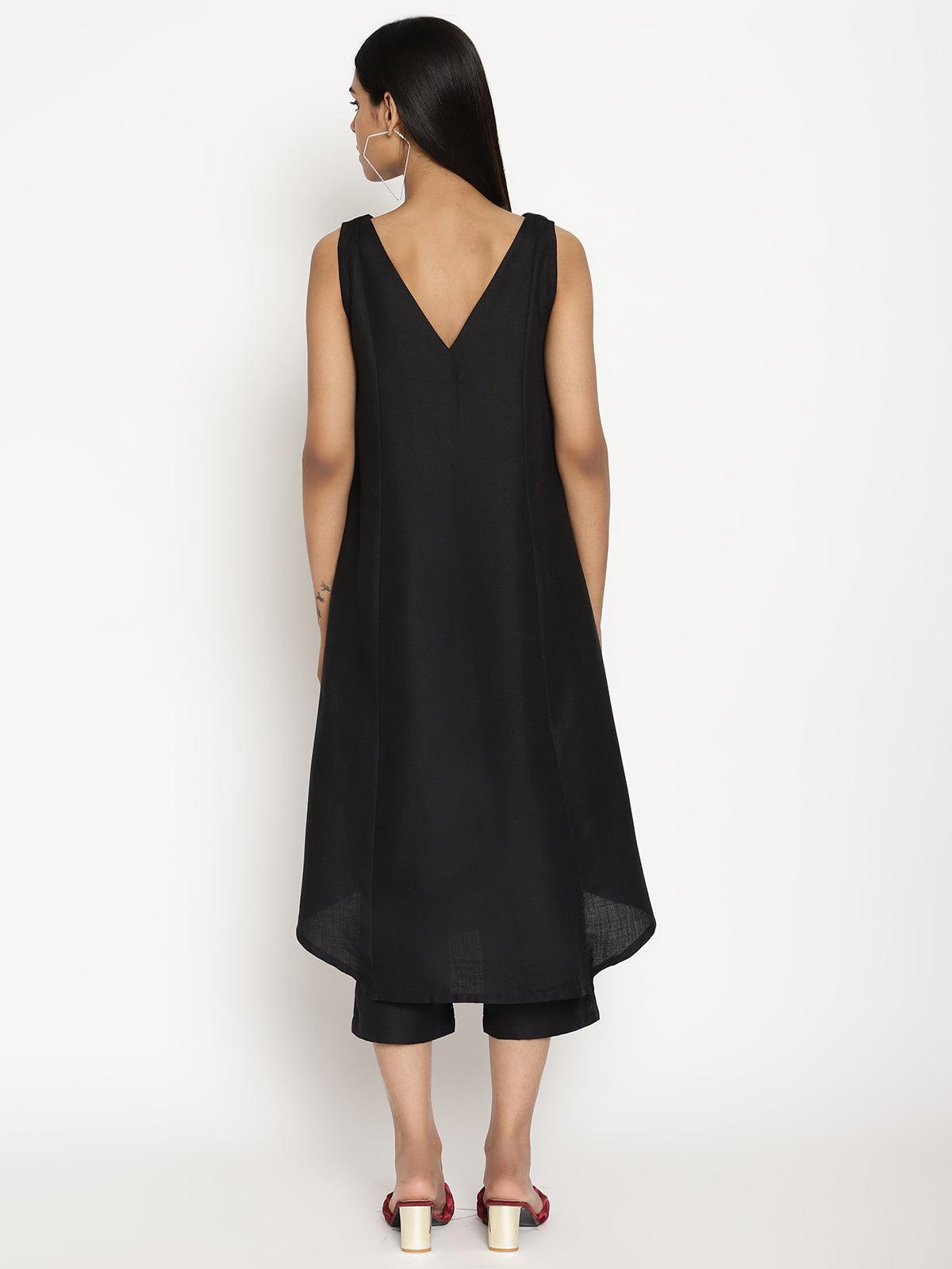 trueBrowns Cotton Linen Black Sleeveless Flared Kurta Pant - Distacart