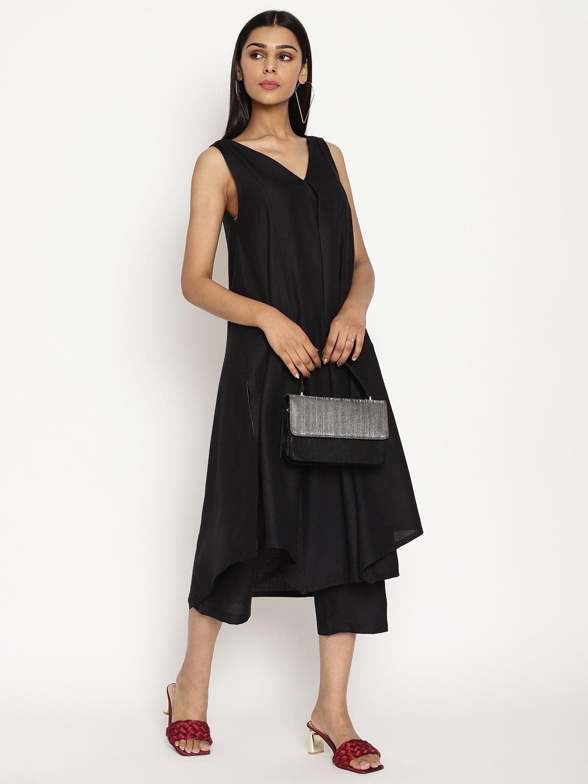 trueBrowns Cotton Linen Black Sleeveless Flared Kurta Pant | Relove - Distacart