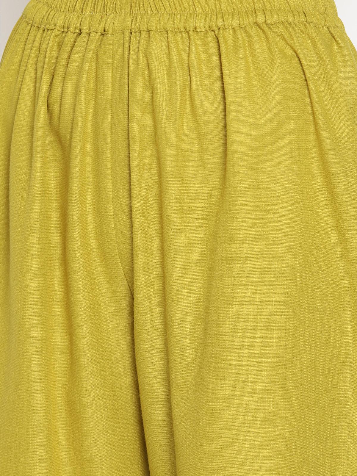 trueBrowns Cotton Linen Lime Green Sleeveless Flared Kurta Pant Set - Distacart