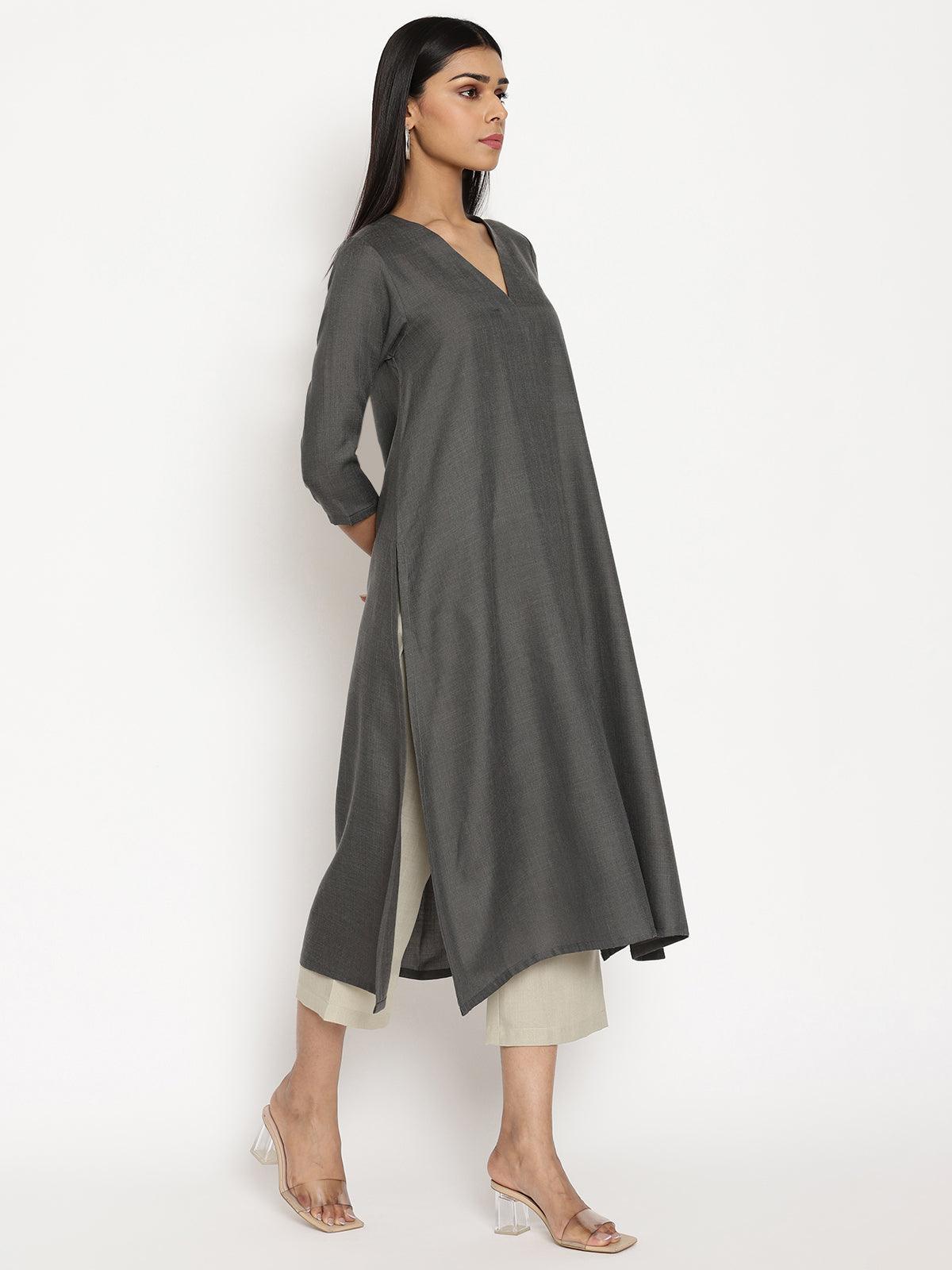 trueBrowns Cotton Linen Dark Grey Kurta Pant Set - Distacart
