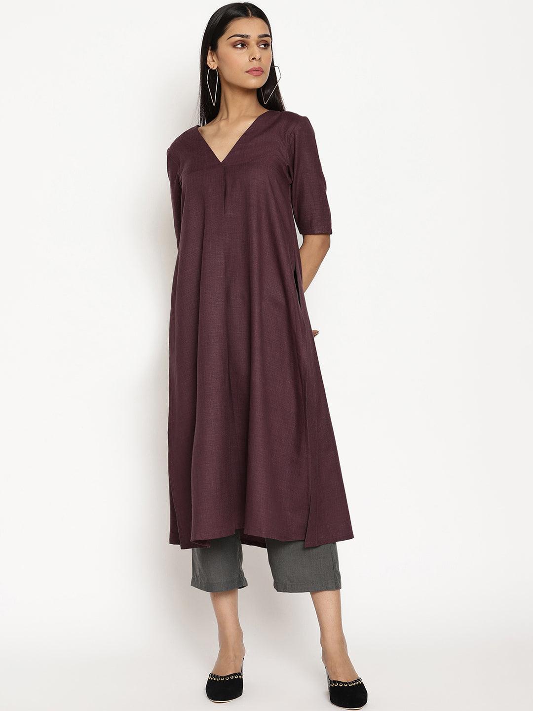 trueBrowns Cotton Linen Purple Kurta Pant Set - Distacart