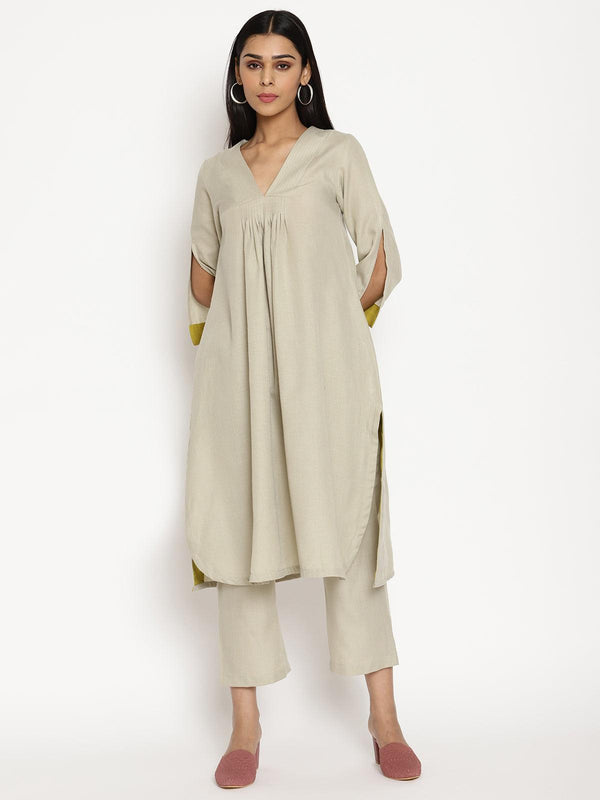 trueBrowns Cotton Linen Light Grey Flared Kurta Pant Set - Distacart