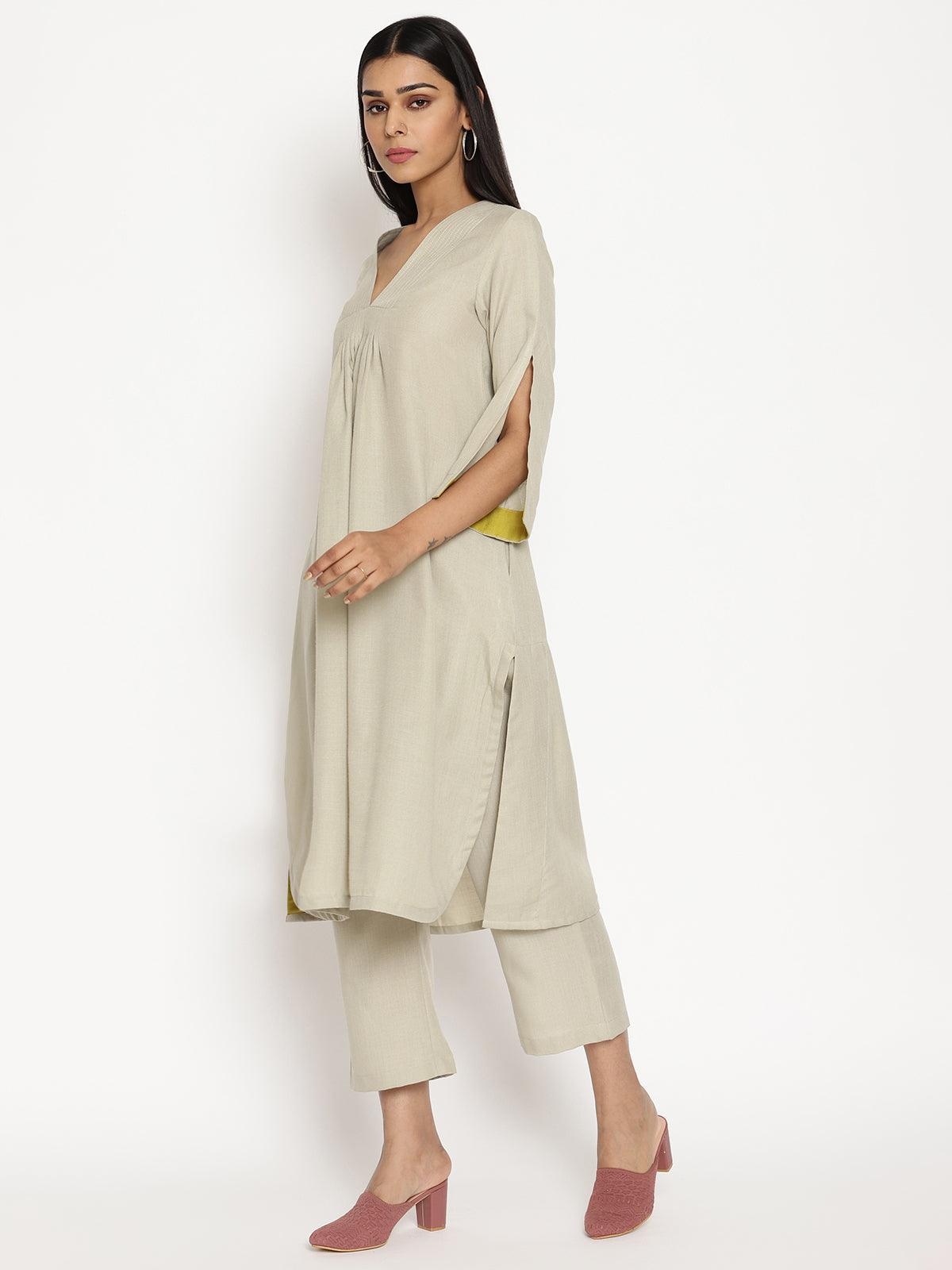 trueBrowns Cotton Linen Light Grey Flared Kurta Pant Set - Distacart