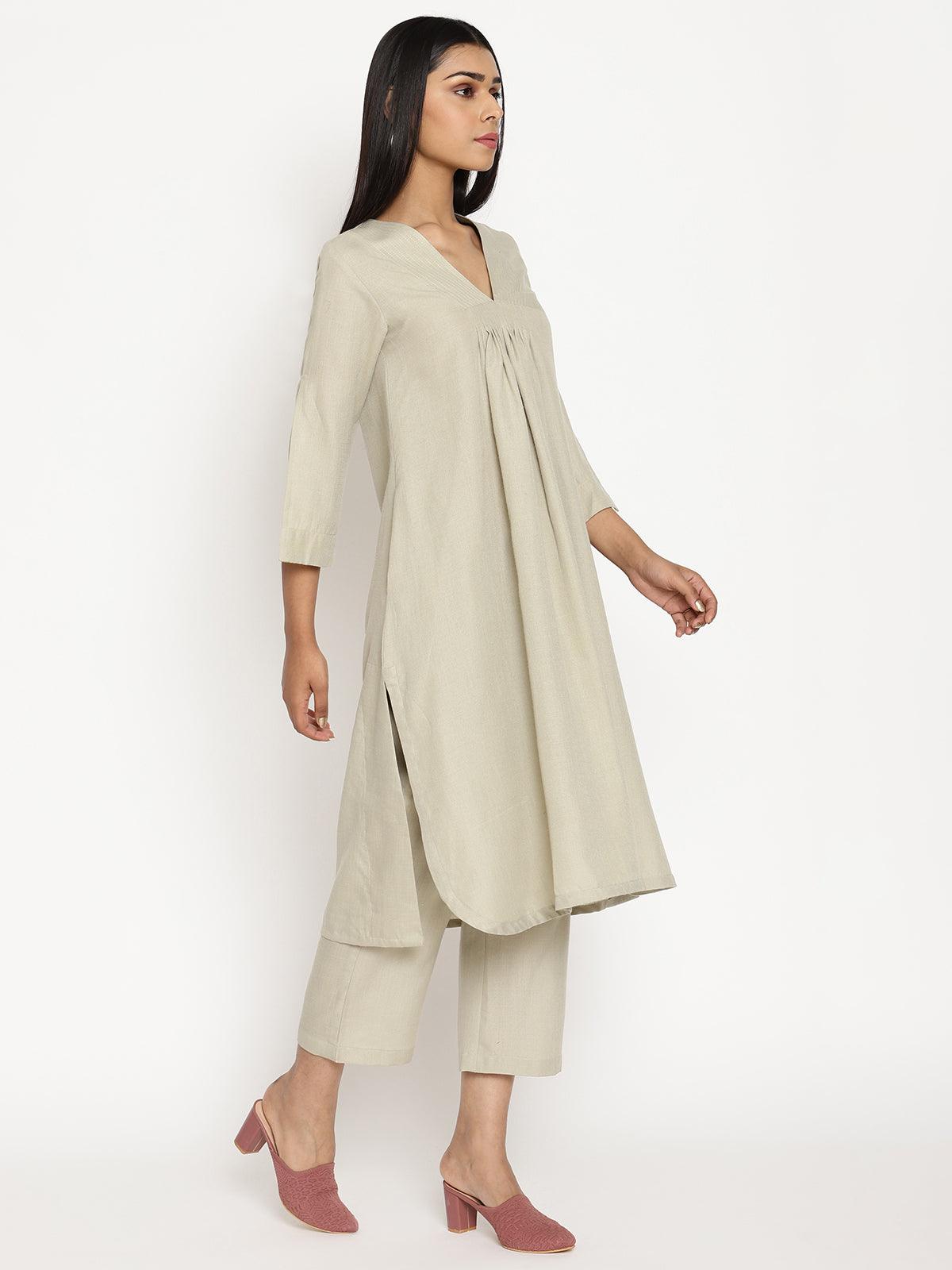 trueBrowns Cotton Linen Light Grey Flared Kurta Pant Set - Distacart
